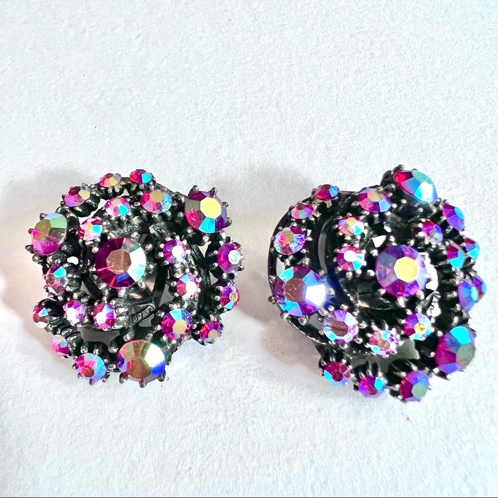 Vintage Earrings Dazzling Rhinestone Raspberry Red Magenta Spiral Ear Clips